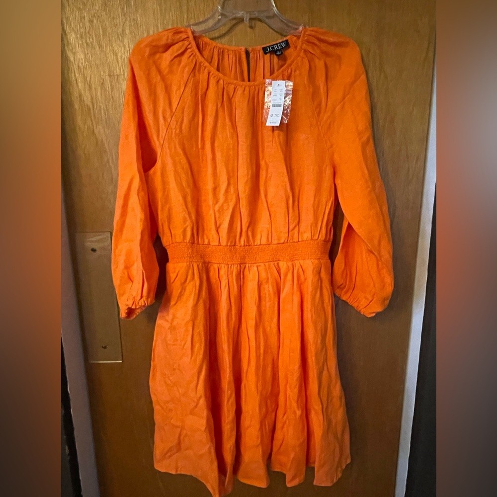 NWT J Crew 100% linen Sz Med tangerine long sleeve dress w/ stretchy waistband